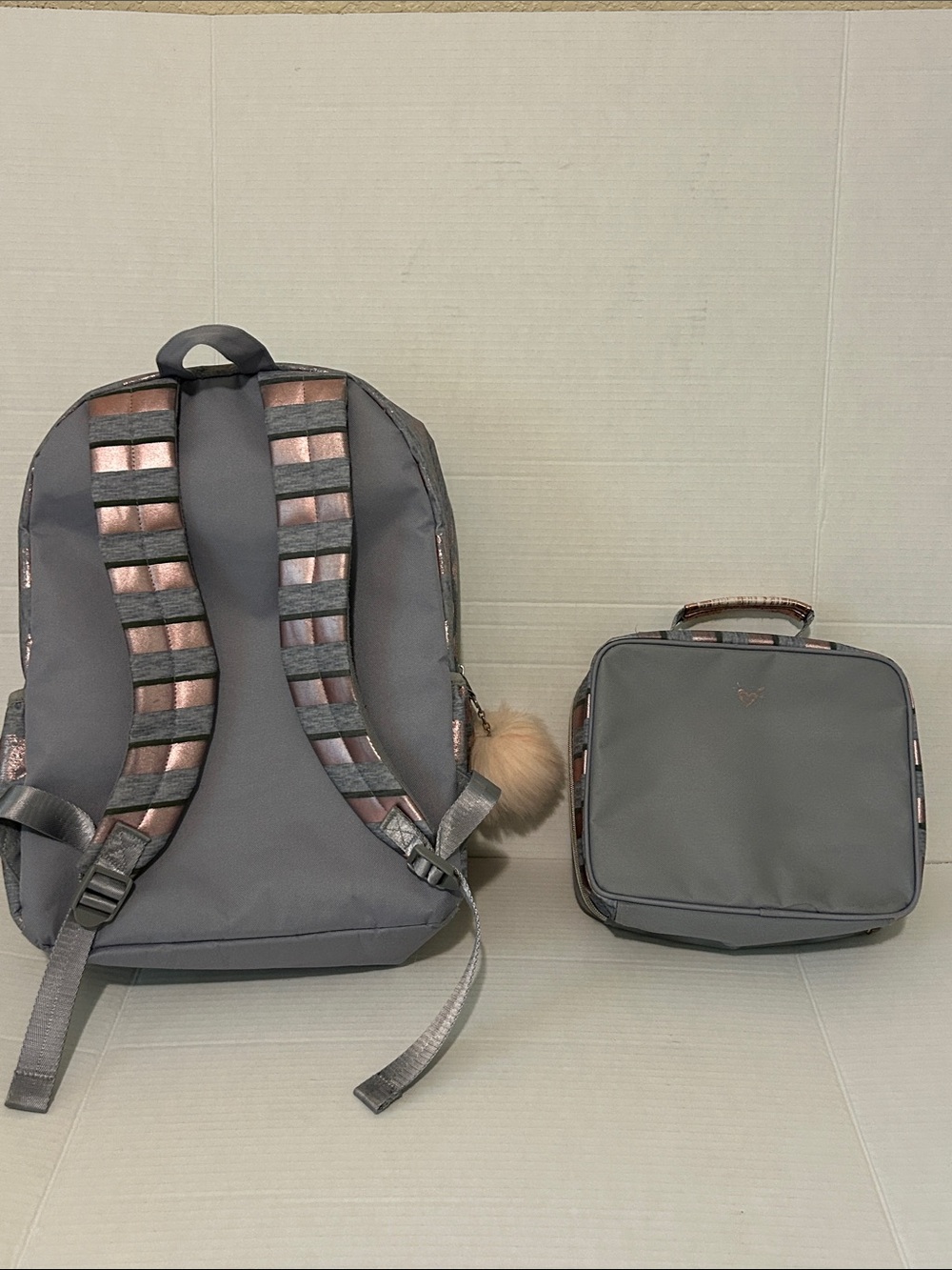 Justice ‘A’ Glitter Gray Backpack & Lunchbox Set with Rose Gold Polka Dots - Picture 5 of 16